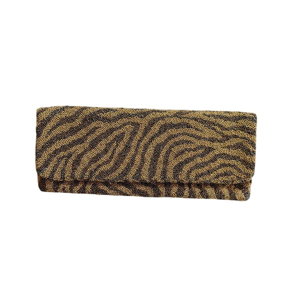 Moyna New York Vintage Beaded Fold Over Zebra Print Clutch Bag